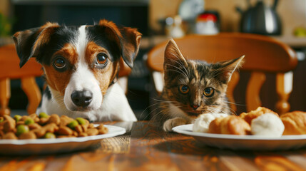 Adorable dog and kitten eyeing plates of food on a dining table, expressing curiosity and temptation.