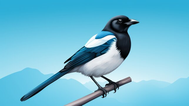A striking blue and white bird rests gracefully on top of a rustic wooden pole