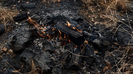 Obraz premium Flames from a small campfire are burning through a pile of wood and char. The fire is surrounded by a ring of scorched earth and dead grass.