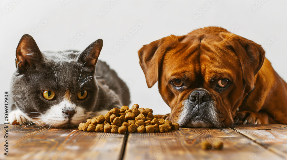 Poster A gray cat and a brown dog lying on a wooden floor, staring at a pile of pet food.