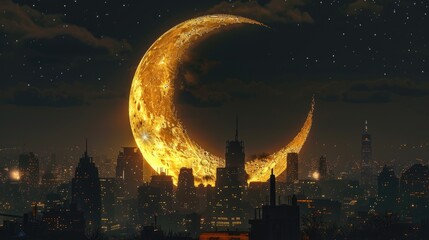 Crescent moon on city landscape at night, beautiful view  background for wallpaper	
