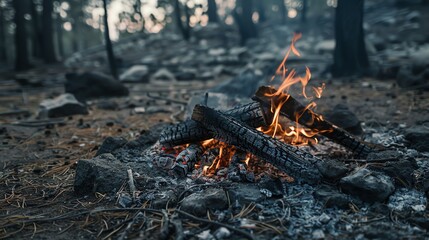 A close-up of a campfire burning in a forest. The fire is surrounded by rocks and pine needles.