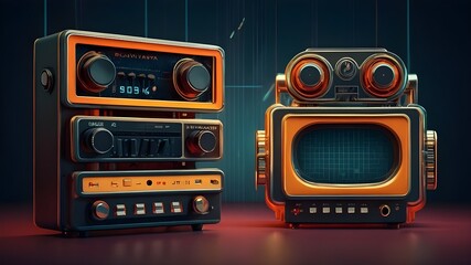 Fototapeta premium Vintage Audio Equipment Iconic Cassette Tapes Radios and Old-School Technology, Digital Music Icons Vector Illustration of Sound Equipment and Media Players, Stereo and Speaker Set Classic Music Techn