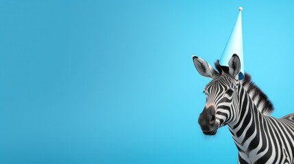 Obraz premium Funny zebra with birthday party hat on blue background.