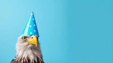 Funny eagle with birthday party hat on blue background.