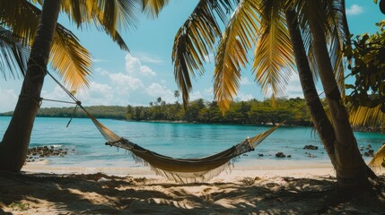 A hammock is swaying between two tall palm trees on a sandy beach, overlooking the crystalclear water and blue sky. The natural landscape is serene and perfect for relaxation AIG50