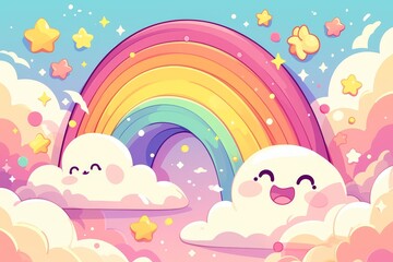 Rainbow, clouds and stars on a pastel background, a rainbow backdrop