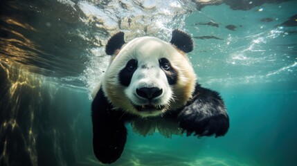 Photo of funny panda swimming underwater.
