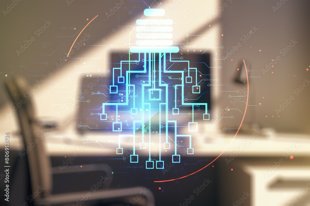 Poster double exposure of creative light bulb hologram with chip and modern desktop with laptop on backgrou