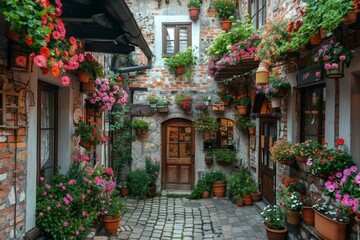 Fototapeta premium A picturesque Italian street, decorated with ancient houses, flowering window sills and charming architecture.