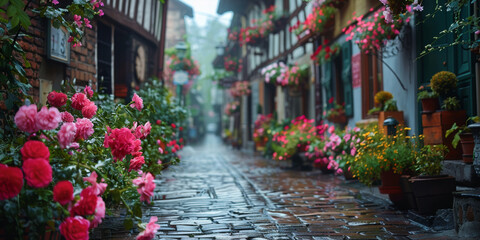 A picturesque street in a charming village with historic houses and flowers.