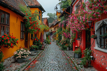 Fototapeta premium A picturesque street in a historic European city, decorated with colorful flowers and charming architecture.