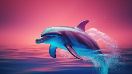 Dolphin with colorful neon retrowave background.