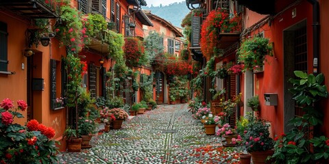 Fototapeta premium A picturesque European street lined with colorful flowers, historic architecture and cobblestone paths.