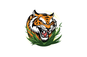 Obraz premium Tiger and Grass vector illustration flat design logo