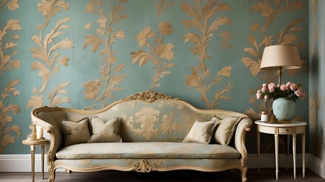 Fototapeta Vintage-Inspired Bedroom Victorian Floral Wallpaper with Classic Patterns and Elegant Furniture Design, Luxury Bedroom with Floral Wallpaper Retro Damask Design in Soft Pastel Colors for a Timeless In