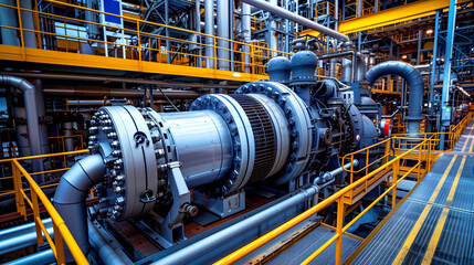 Detailed view of an industrial gas turbine in a factory with pipelines and metallic structures.