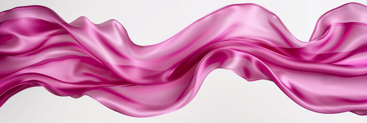 Hot pink silk fabric caught in a subtle breeze, creating a wave-like pattern over a white background, showcasing the sheen and flow of the material