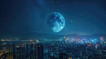 full moon above on city landscape at night, beautiful view background wallpaper	