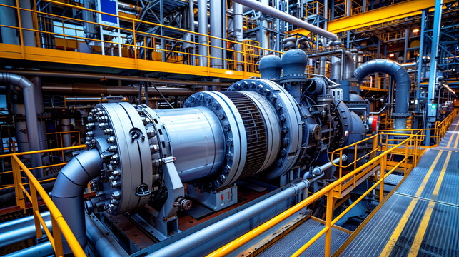 Detailed view of an industrial gas turbine in a factory with pipelines and metallic structures.
