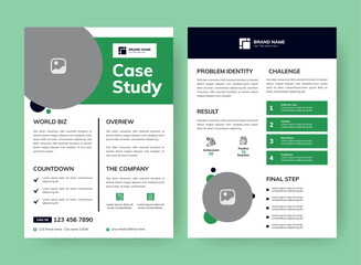 Case Study Layout Flyer. Minimalist Business Report with Simple Design. Green and Black Color Accent.