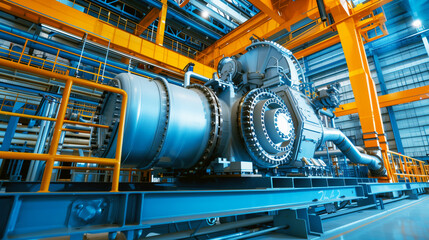 Large turbine machinery in a high-tech industrial plant with infrastructure of pipes and platforms.