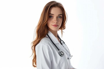 Young pretty woman, Physician photo on white isolated background