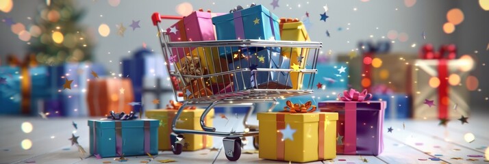 Overflowing cart  vibrant gift boxes, colorful flowers, twinkling stars in cheerful mix