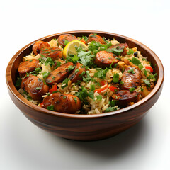 Fototapeta premium Pilaf with chicken and vegetables in a bowl on white background