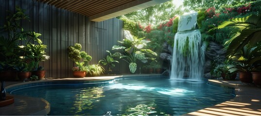 The idea of ​​living in harmony with nature and clean energy. Simulated waterfall in a luxury home with a state-of-the-art water management system