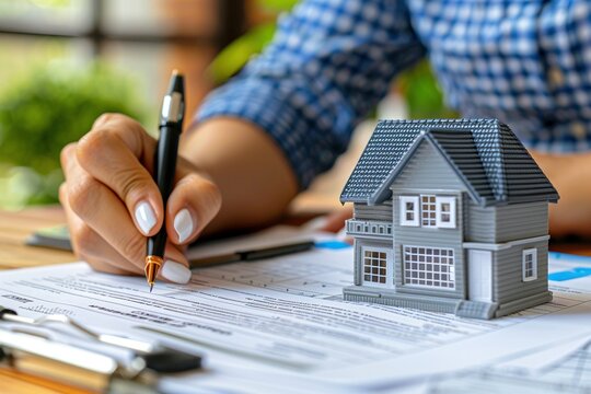 A momentous occasion captured - a hand signing a mortgage document for a new dwelling, amidst scattered closing papers and a set of keys.