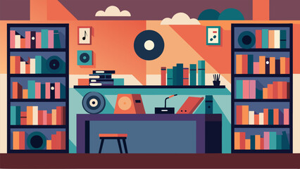 Obraz premium This hidden gem of a record shop invites customers to linger and listen to new indie albums on their record player surrounded by walls lined with Vector illustration