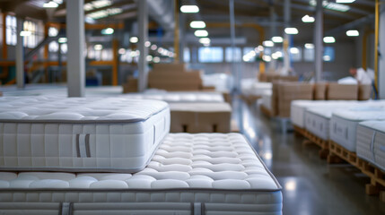 Obraz premium Close-up of white mattresses arranged in a large industrial factory setting with workers in the background.