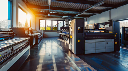 Modern industrial print shop interior with large digital printing machines during sunset.