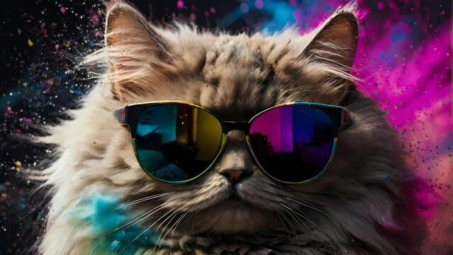 adorable persian cat wear sunglasses with colorful powder explosion background