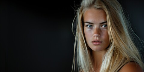 Fototapeta premium A captivating close-up portrait of a blonde woman with a serious demeanor. Her eyes, illuminated by cinematic lighting, hold a depth of emotion. Black background with copy space to the left.