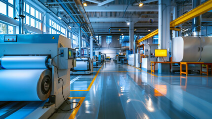 Modern industrial printing facility with large printing machines and rolls of paper.
