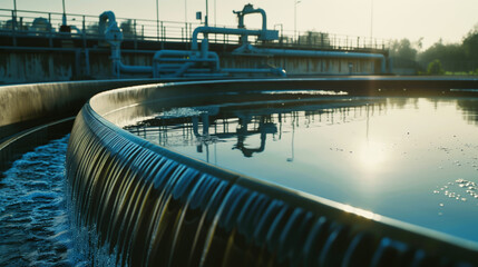 Close-up image of water flowing through a modern water treatment facility during sunset.