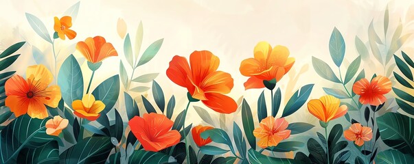 Abstract summer flowers banner adorned with lush greenery and vibrant blooms, evoking a sense of seasonal joy