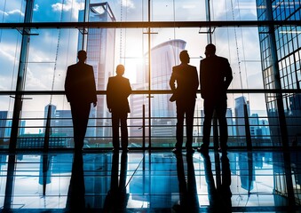 Silhouetted Business Executives Discussing Strategy in Modern Office Overlooking Cityscape