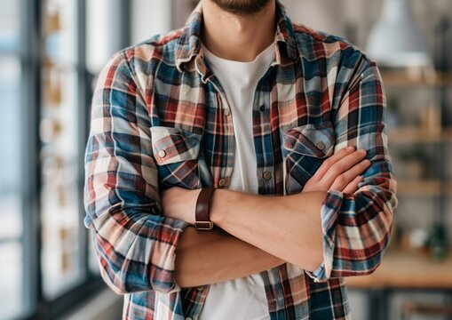 Confident Young Man Standing with Arms Crossed Wearing Plaid Shirt in Modern Office