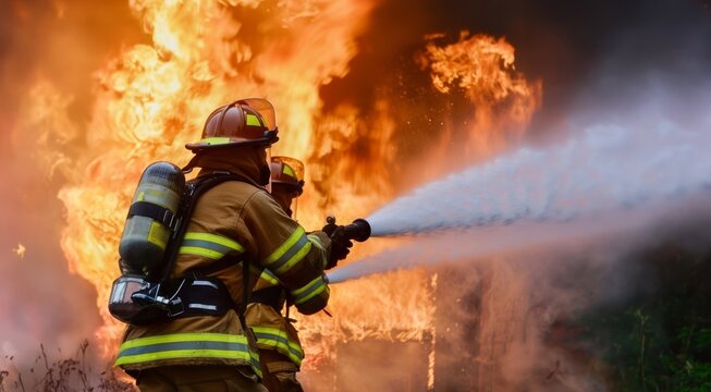 Courageous firefighters battling a dangerous blaze, their silhouettes illuminated against the fiery backdrop.Generated image