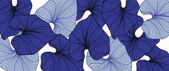 Blue tropical leaf line art background vector. Abstract botanical floral line art pattern design in minimalist linear contour style. Design for fabric, poster, print, home deco, banner and  wallpaper.