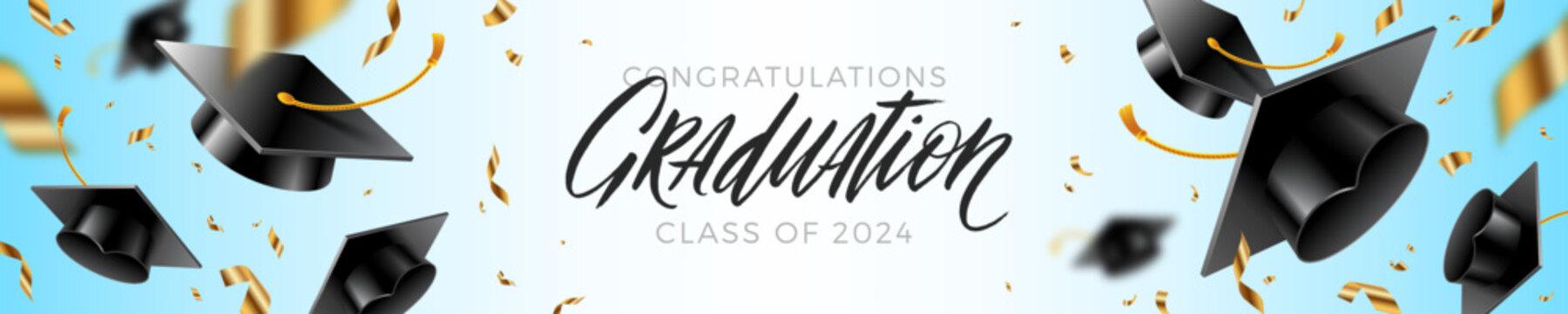 Banner with graduation caps thrown up and golden foil confetti on a blue background. Congrats Graduates. Horizontal vector illustration.