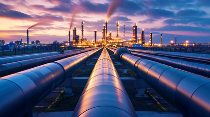 A twilight view of a petrochemical plant with large pipelines leading towards illuminated facilities.