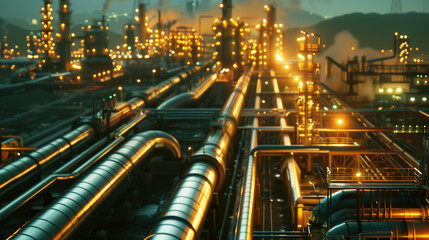 A detailed nighttime view of an industrial complex with illuminated pipes and structures.