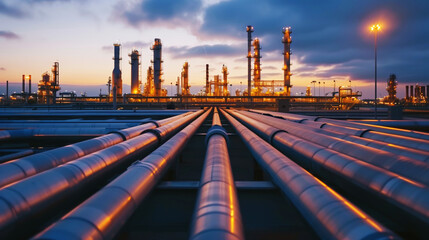 A striking view of steel pipes leading toward an industrial refinery illuminated at dusk.