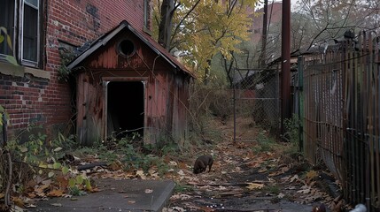A lonely dog roams an abandoned backyard, searching for food among the scattered leaves.