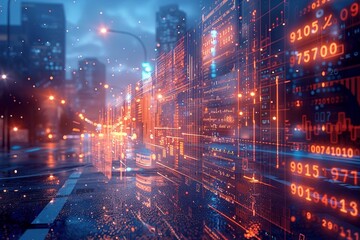 Vivid holographic visualization of real-time data analytics flowing across a digital information superhighway, depicted in a futuristic color scheme of red and blue.