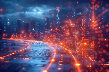 Vivid holographic visualization of real-time data analytics flowing across a digital information superhighway, depicted in a futuristic color scheme of red and blue.